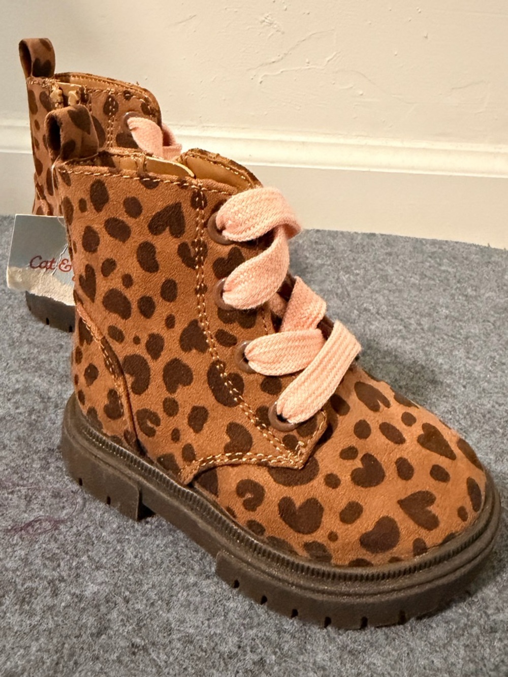 Cat & Jack Kids' Leopard-Print Brown Combat Boots with Pink Laces